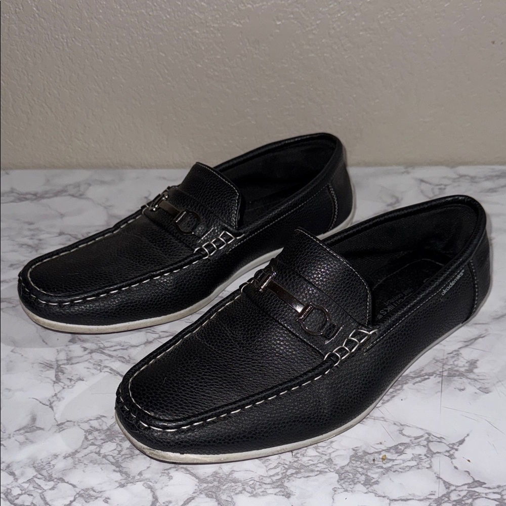 Akademiks Black Leather Loafers with White Stitching